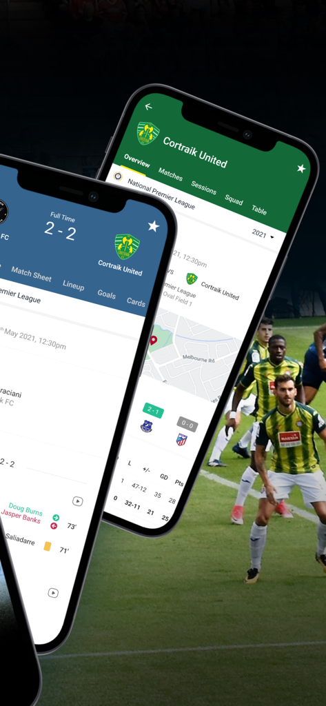 Interface de l'application Dribl montrant les scores des matchs de football et les classements de la ligue sur des écrans mobiles