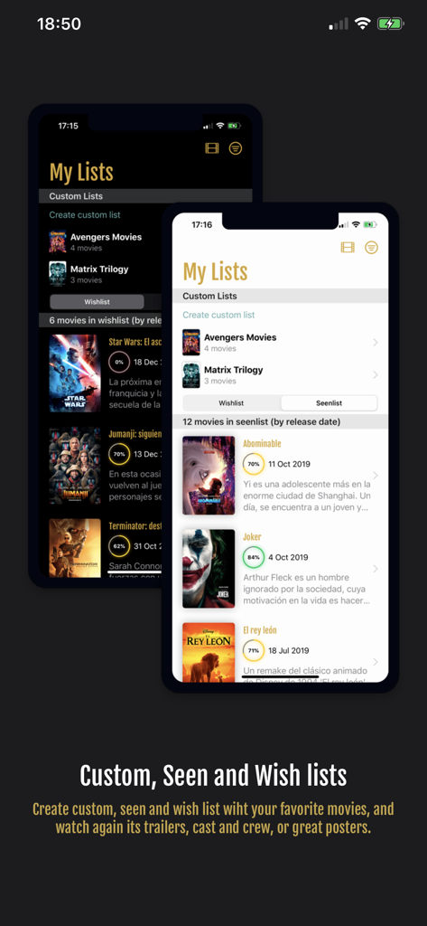Movie Premieres - Écrans de l'application Avant-premières de films affichant des listes de films personnalisées, des listes de souhaits et des listes vues avec des affiches de films et des notes.