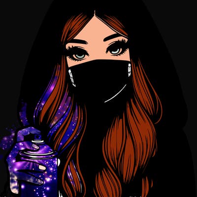 girl wearing a mask with long hair with her hood up spray-painting realistic