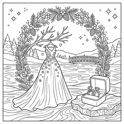 Immerse yourself in a romantic winter wonderland with this stunning wedding coloring page. Featuring an elegant gown and sparkling rings set against a serene frozen lake, it's perfect for celebrating love.