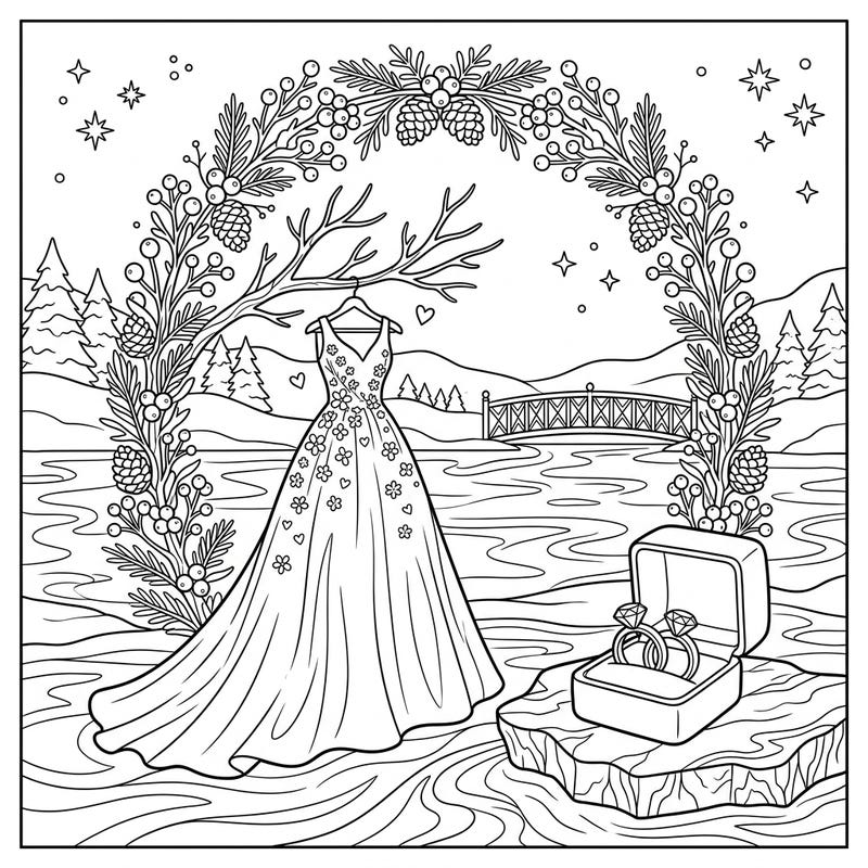 Immerse yourself in a romantic winter wonderland with this stunning wedding coloring page. Featuring an elegant gown and sparkling rings set against a serene frozen lake, it's perfect for celebrating love.