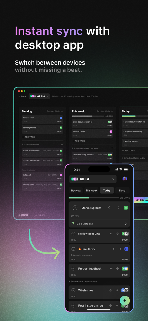 Blitzit App - Blitzit task management app showing instant synchronization between desktop and mobile interfaces