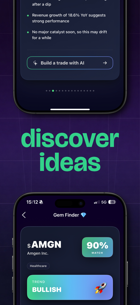 STRATA: Make Trading Easy - Interface of the STRATA app Gem Finder feature showing a bullish stock trend for Amgen with AI analysis