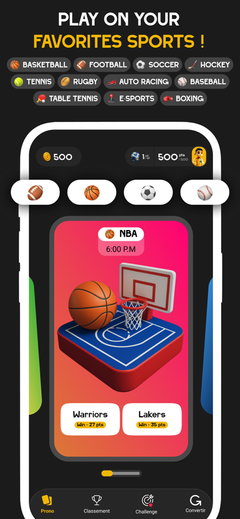 Gamby: Sports Prediction Game - Interface of the Gamby app showing sports icons and an NBA prediction card for Warriors versus Lakers