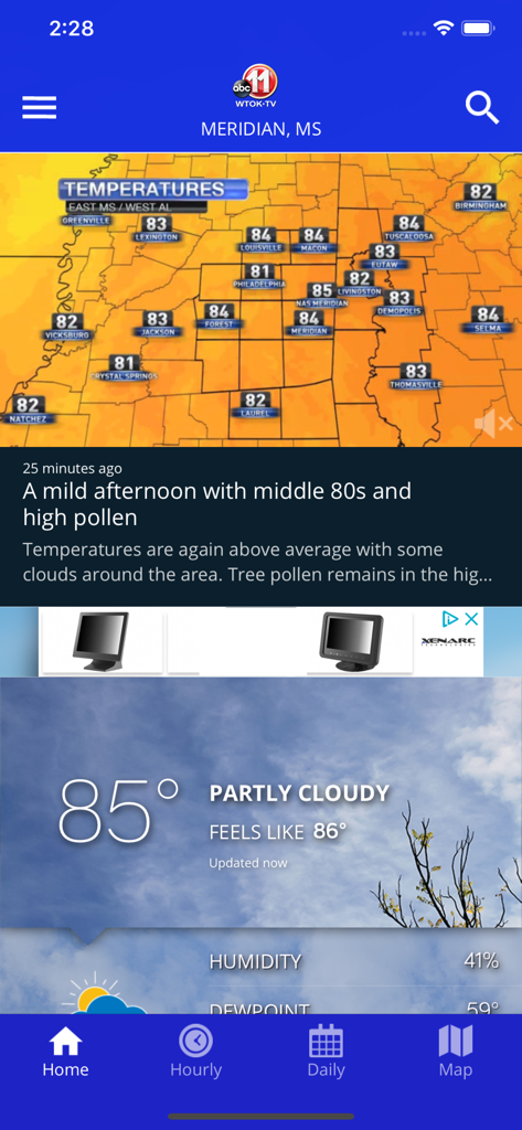 WTOK Weather - WTOK Weather app home screen showing local temperature map and current weather for Meridian MS