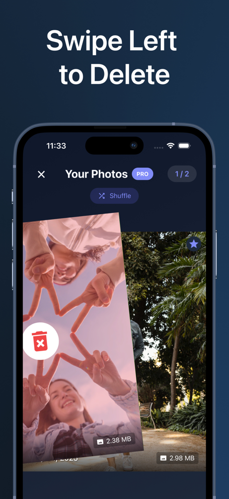 Storage Guru: Phone Cleaner - Storage Guru app interface showing the swipe left to delete photo feature