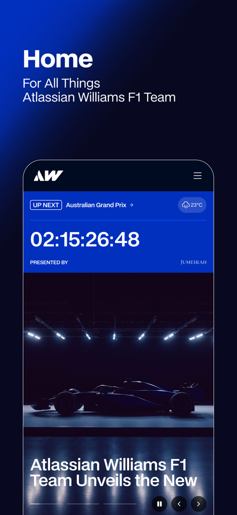 Williams F1 Team app home screen showing a countdown to the Australian Grand Prix and latest team news.