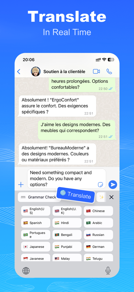 AI Keyboard - Grammar & Writer - Mobile app screenshot showing real time translation feature with a list of multiple languages on a keyboard interface