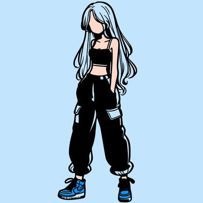 girl in baggy pants crop top and long hair