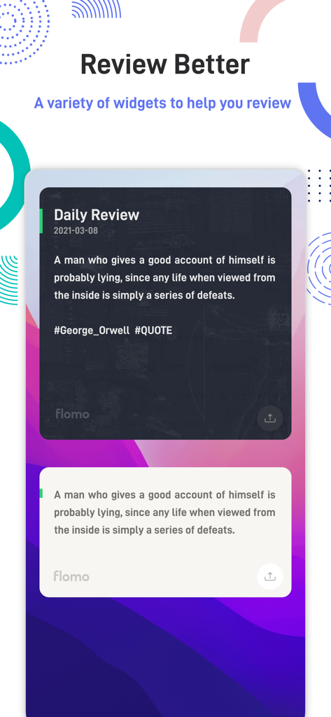 flomo浮墨-极简卡片笔记、轻便签与日记备忘 - Screenshot of the flomo app showing widgets for reviewing past notes and quotes on a mobile home screen