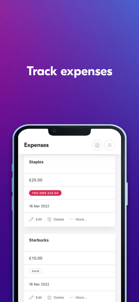 Crunch Accounting - Interfaz de la aplicación Crunch Accounting que muestra una lista de gastos comerciales registrados, incluyendo Staples y Starbucks en un teléfono móvil.