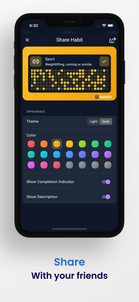 Habit Tracker - HabitKit - Écran de l'application HabitKit montrant les options de partage d'habitude et la personnalisation de l'apparence pour les graphiques en grille basés sur des tuiles