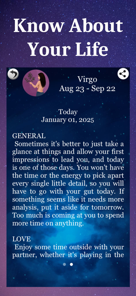 A mobile app screen showing the daily horoscope for Virgo with general and love advice