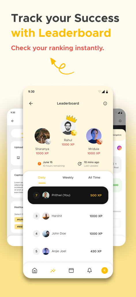 Kofluence app leaderboard screen showing influencer rankings and performance experience points.