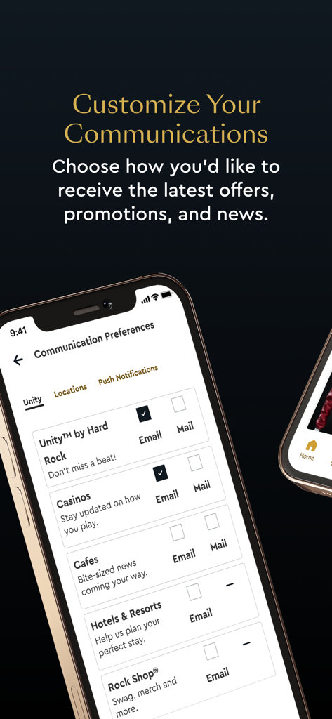 A mobile screen showing communication preferences for the Unity by Hard Rock loyalty app where users can toggle email and mail notifications for casinos, hotels, and shops.