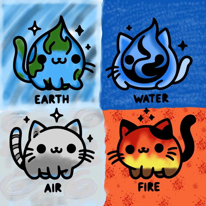 4 cats that represent the different elements, earth, water, air, and fire