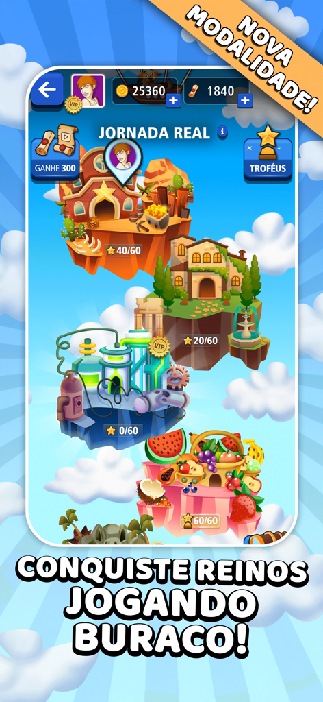 Buraco Jogatina: Jogo de Carta - A screenshot of the Buraco Jogatina app showing the Jornada Real feature with a progression map across thematic floating islands