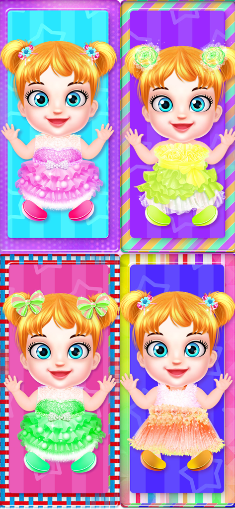 Baby Care - Reborn Baby Games - Cuatro atuendos coloridos diferentes para vestir a un personaje de muñeca de bebé en un juego infantil