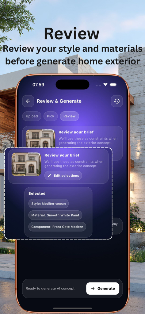 Exterior Ai : Home Landscape - Review and generate screen of the Exterior Ai app showing style and material selections for a home renovation concept