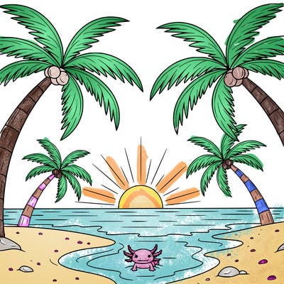 a beach with a sun set over the ocean and palm trees and a tiny axolochi in the water
