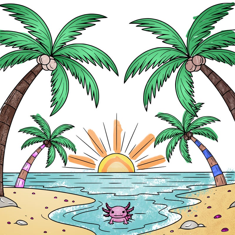 a beach with a sun set over the ocean and palm trees and a tiny axolochi in the water