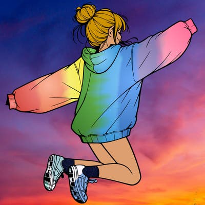 realistic girl jumping with a bun and oversized sweatshirt