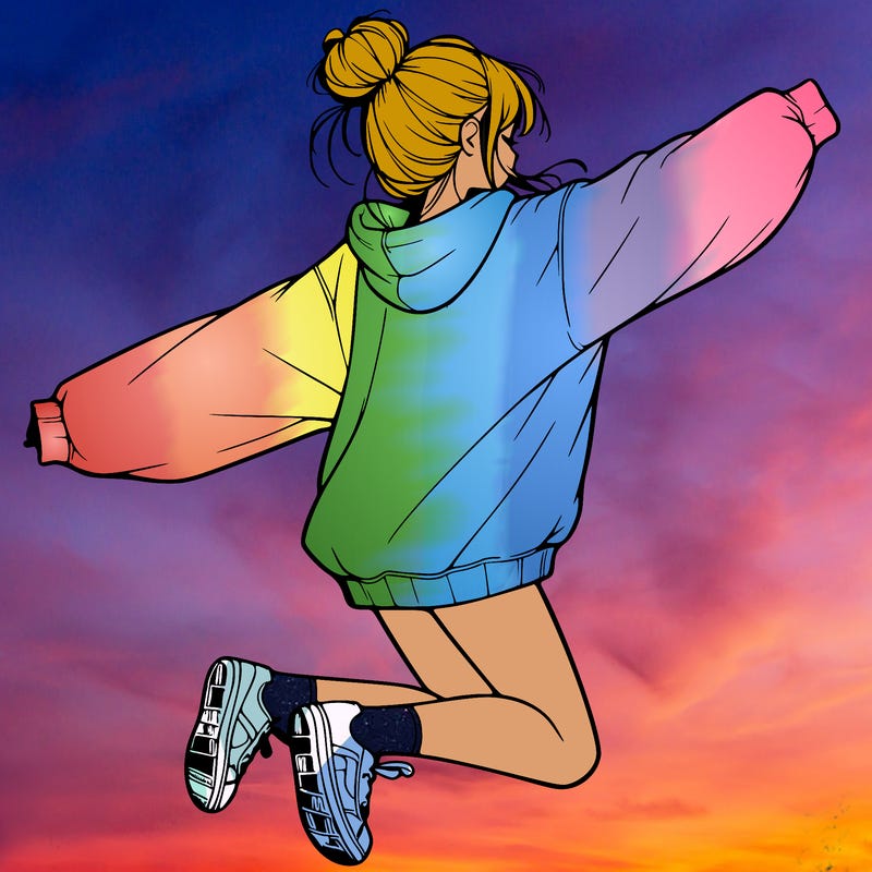 realistic girl jumping with a bun and oversized sweatshirt