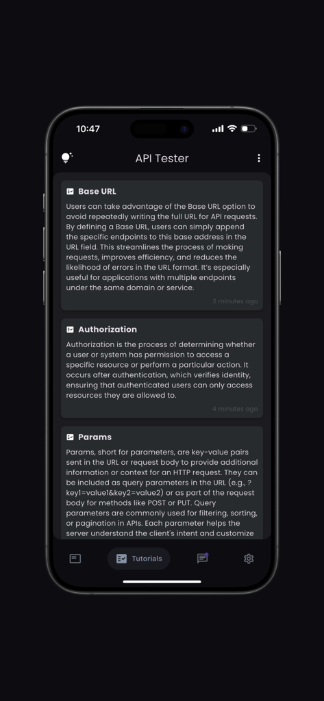 API Tester(Pro) - API Tester Pro tutorials section displaying educational content for Base URL Authorization and Params