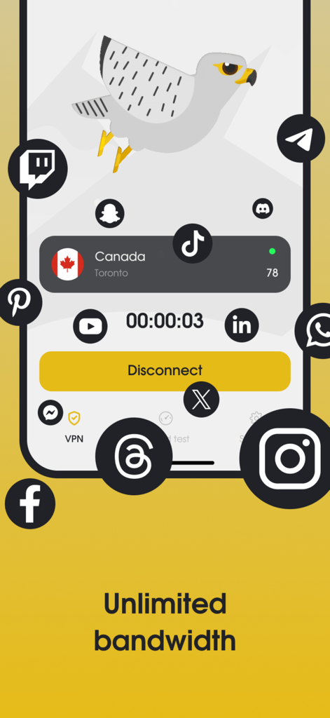 Gyrfalcon VPN mobile App-Oberfläche mit einer Verbindung zu einem kanadischen Server und Text zur unbegrenzten Bandbreite, umgeben von Social-Media-Symbolen.