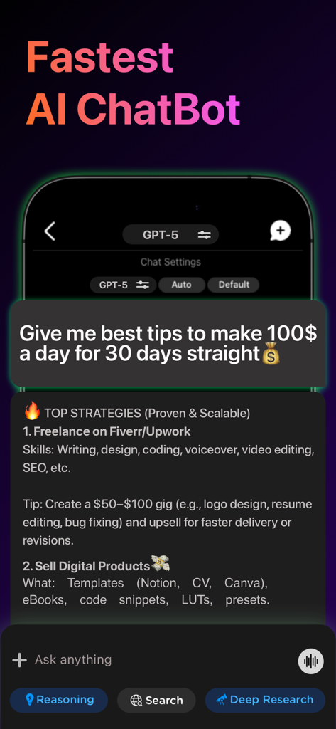 Interfaz de la aplicación móvil AI ChatBot que muestra consejos para negocios y proyectos paralelos.
