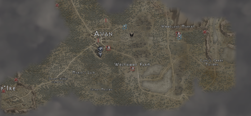 Vampires Fall Originsのダークファンタジーオープンワールドマップ。Avanと周辺のクエスト場所を表示。