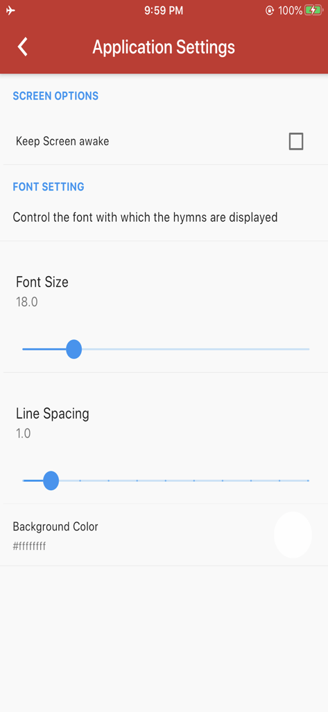 Sacred Songs and Solos - Application settings screen showing font size and line spacing customization options for hymns