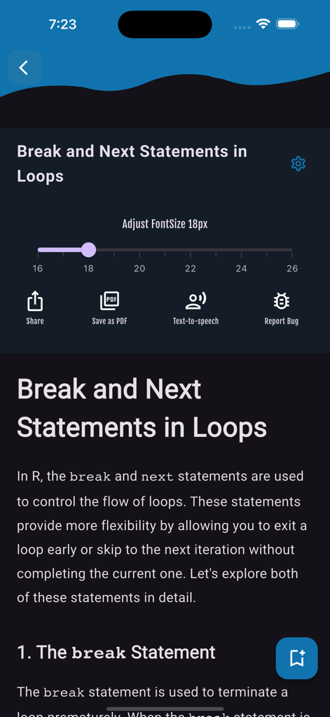 Learn R Programming [PRO] - A lesson screen in the Learn R Programming PRO app showing tutorials on loop control statements with font and audio settings.
