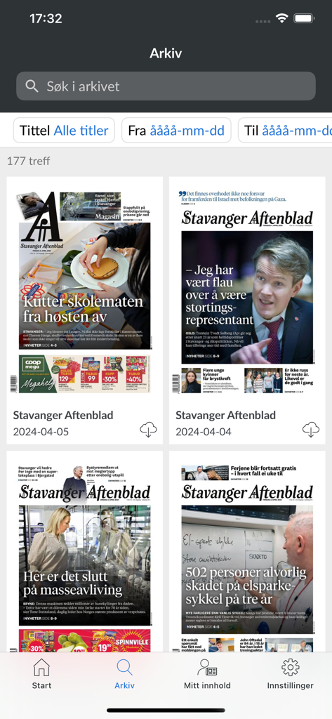 Aftenbladet E-avis - Digital archive screen of Aftenbladet E-avis app showing historical newspaper front pages and search filters