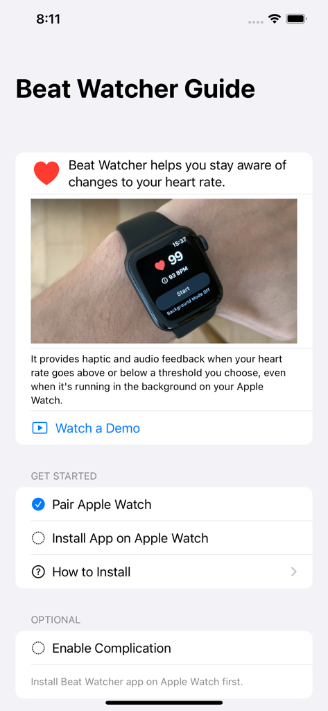 Beat Watcher app guide showing setup instructions and heart rate monitoring on Apple Watch