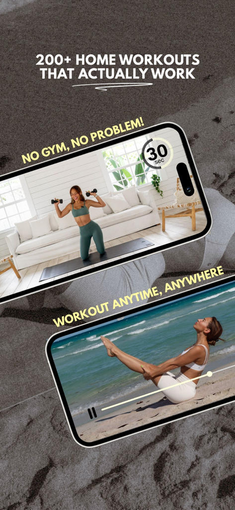 Daily Thrive by Vicky Justiz - Duas telas de celular exibindo vídeos de treino em casa do aplicativo Daily Thrive por Vicky Justiz.