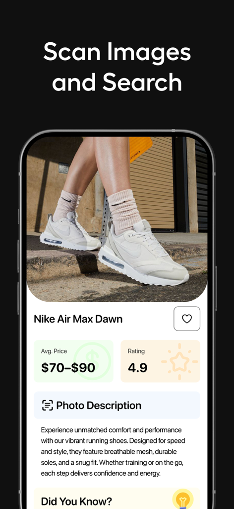 AI Lens & Identifier - AnyScan - AI Lens AnyScan app identifies Nike sneakers using image recognition and displays price and ratings