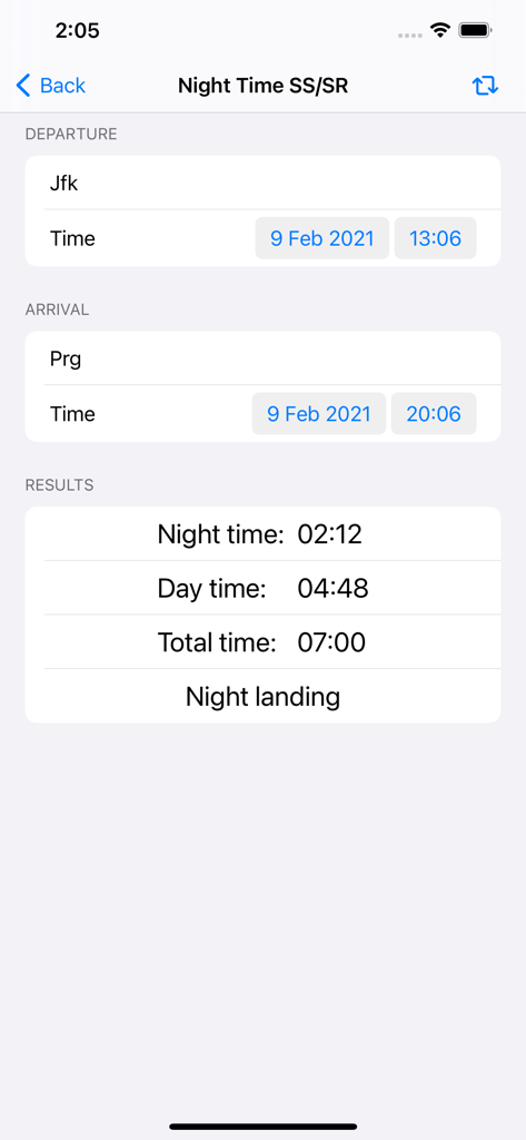 Interfaz de la aplicación de vuelo nocturno que muestra las horas de vuelo nocturno y diurno calculadas entre los aeropuertos JFK y PRG