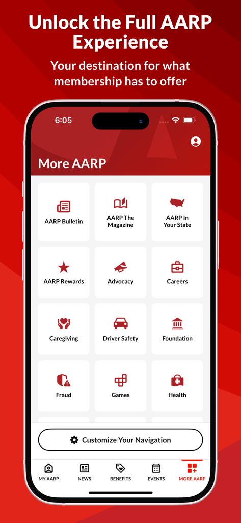 Interfaz de la aplicación AARP Now que muestra la pestaña 'Más AARP' con una cuadrícula de opciones para recompensas, juegos, publicaciones y salud