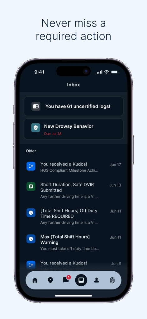 Samsara Driver app inbox displaying compliance alerts, safety notifications, and driver kudos