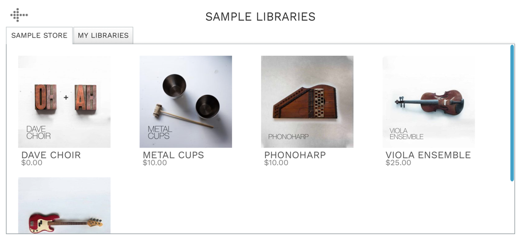 Decent Sampler - Interfaz de la tienda de muestras de Decent Sampler mostrando varias bibliotecas de instrumentos para producción musical