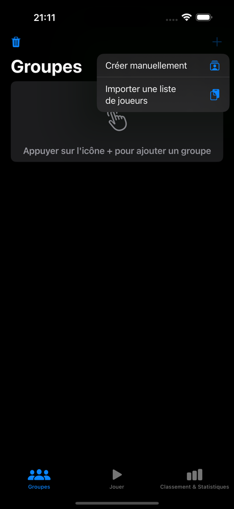 Interfaccia dell'app EPS Tournoi Poules che mostra le opzioni per creare manualmente o importare un elenco di giocatori per i gruppi del torneo.