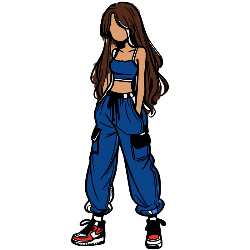 girl in baggy pants crop top and long hair