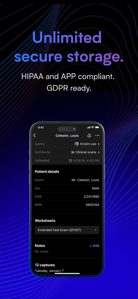 Butterfly iQ ultrasound app screen displaying patient details and secure cloud storage compliance