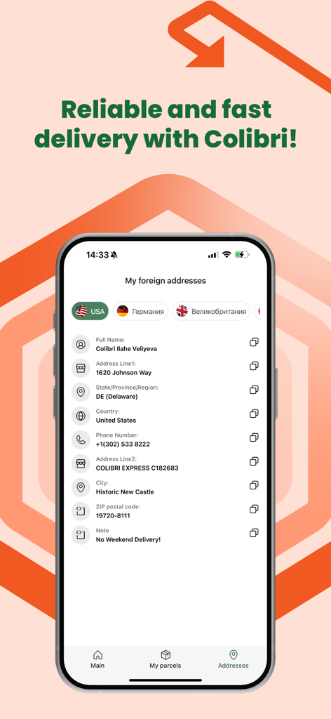 Colibri Yeni - Colibri Yeni mobile app screen showing a personal USA forwarding address for international shipping and parcel management