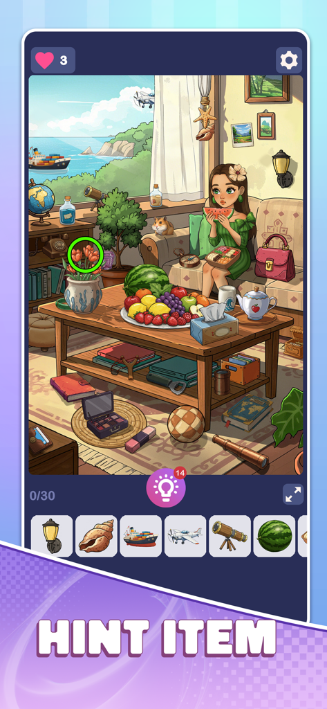 Find Fast:Hidden Objects - Find Fast Hidden Objects ゲームの画面。花瓶の花をハイライトするヒントの円がある、居心地の良い手描きのリビングルームのシーン。