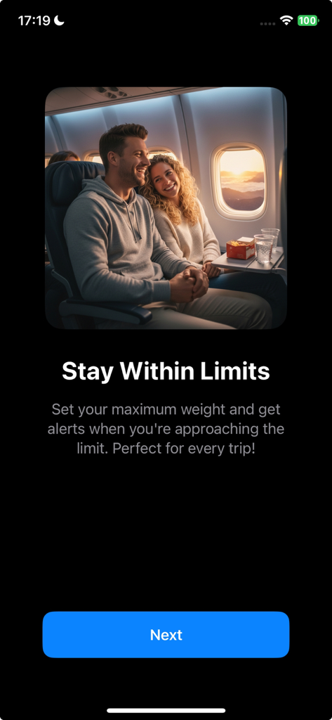 A happy couple sitting on an airplane with text describing how to stay within baggage weight limits
