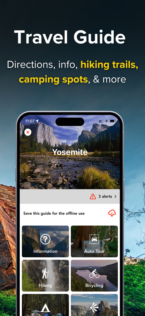 Smartphone screen of the Chimani app showing the Yosemite National Park travel guide with options for hiking trails and camping spots