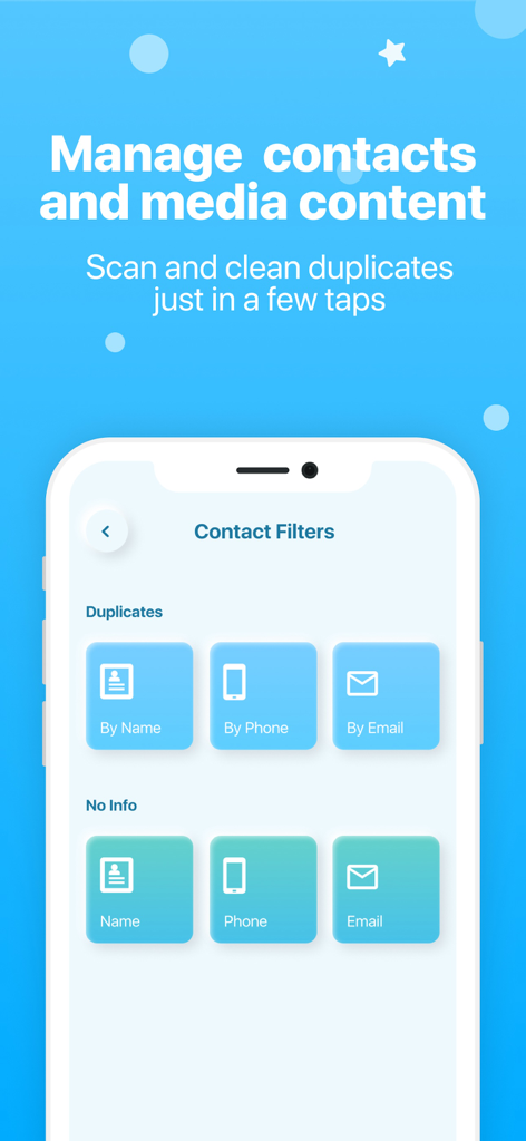 AppCleaner - Clean Storage - AppCleaner interface showing options to filter and merge duplicate contacts by name phone and email