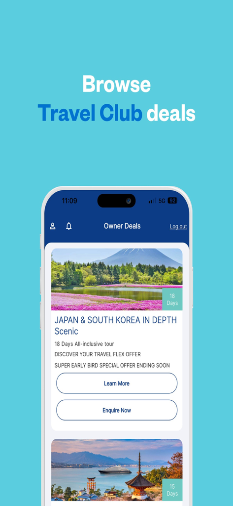 Una pantalla móvil que muestra ofertas de viaje exclusivas para propietarios para Japón y Corea del Sur en la aplicación Club Wyndham South Pacific